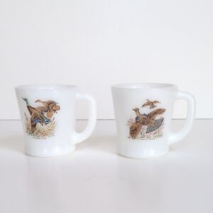 Fire King White Milk Glass Mallard Duck & Ruffed Grouse Bird‎ Mugs - Coffee Tea